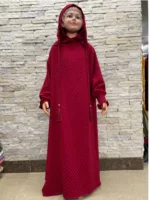 Kids Cotton Islamic Dress Full Cover Robe for Muslim Girls with Two-Hat Turkey Diamond Abaya New Eid Ramadan Prayer Garment