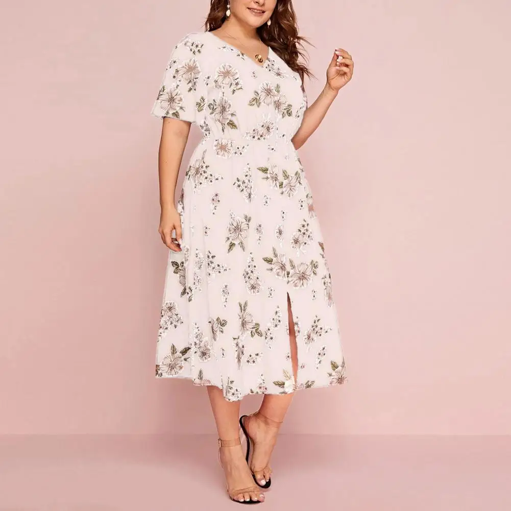 Women Midi Dress Large Hem Flower Printed Loose Split Short Sleeve Dress-up V Neck Tight Waist Plus Size Lady Dress Female Cloth