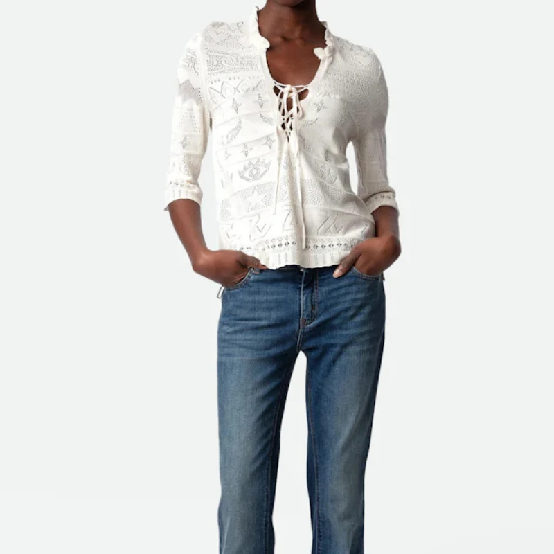 

V-neck Hollow Lace-up Knitted Sweater Solid Color Pullovers Women 2024 Spring and Summer