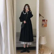 

Dress Women Long Patchwork Preppy Style Kawaii Ulzzang Peter Pan Collar Teen Dresses Classy Tender Casual Ins Feminino Daily