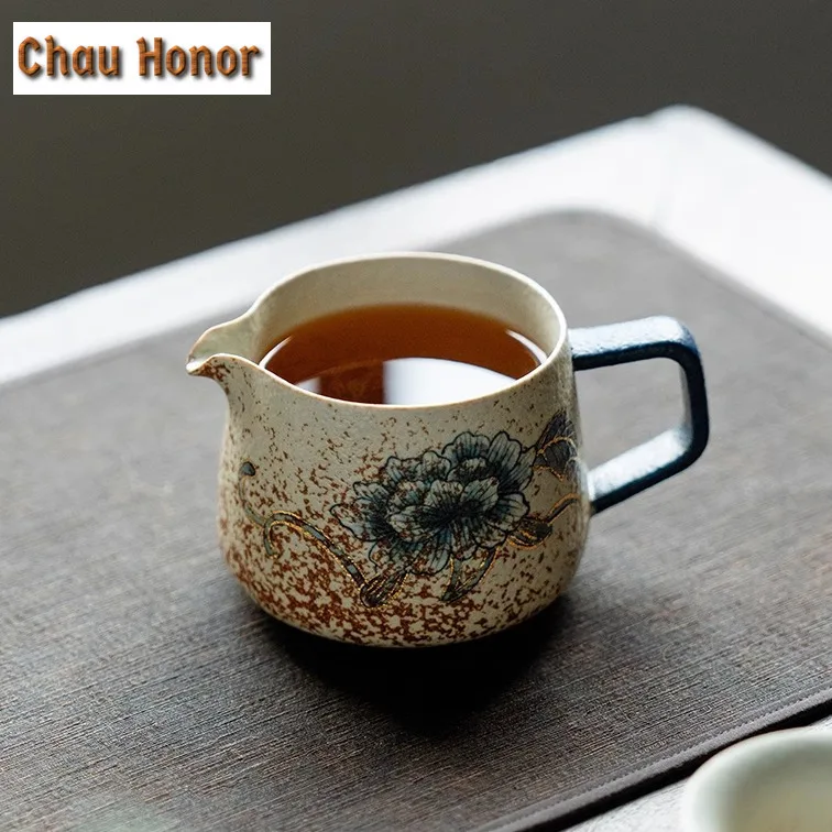 250ml Blue And White Flint Red Tea Pitcher Gold Drawing Peony Flower Cha Hai Dispenser Justice Cup Fair Mug Teaware Supplies
