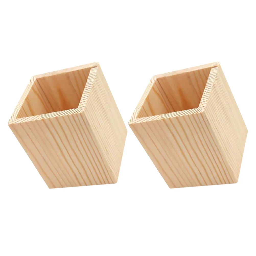 2pcs Pen Container Wooden Geometric Brush Pot Stationery Organizer Mini Flowerpot