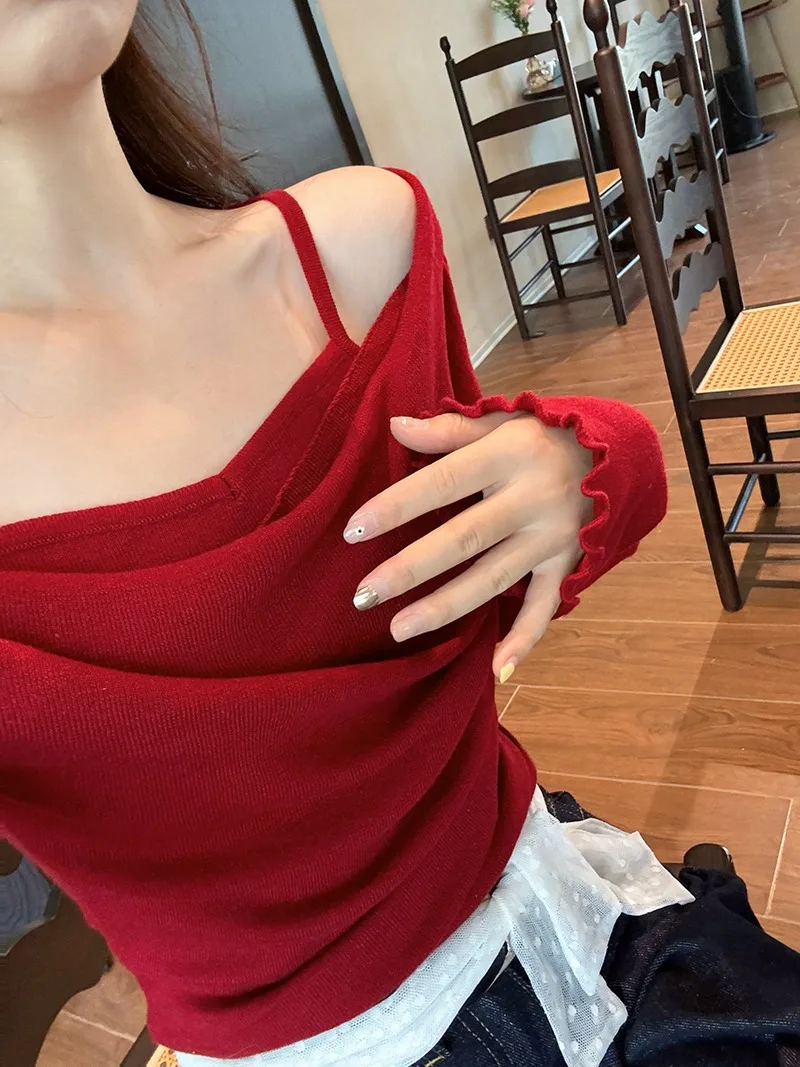 Fake Two-piece Off Shoulder Long Sleeve T-shirt Women's Sexy Slash Neck Flare Sleeve Base Shirt Top Autumn Casual Slim Fit Tops