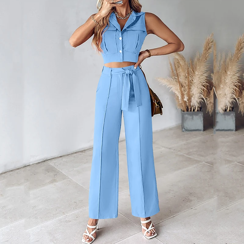 

Women Turn-down Collar Button Tank Top & Lace-up Suit Pants Outfit Spring Solid Slim Office Lady Suit Summer Sleeveless 2pcs Set
