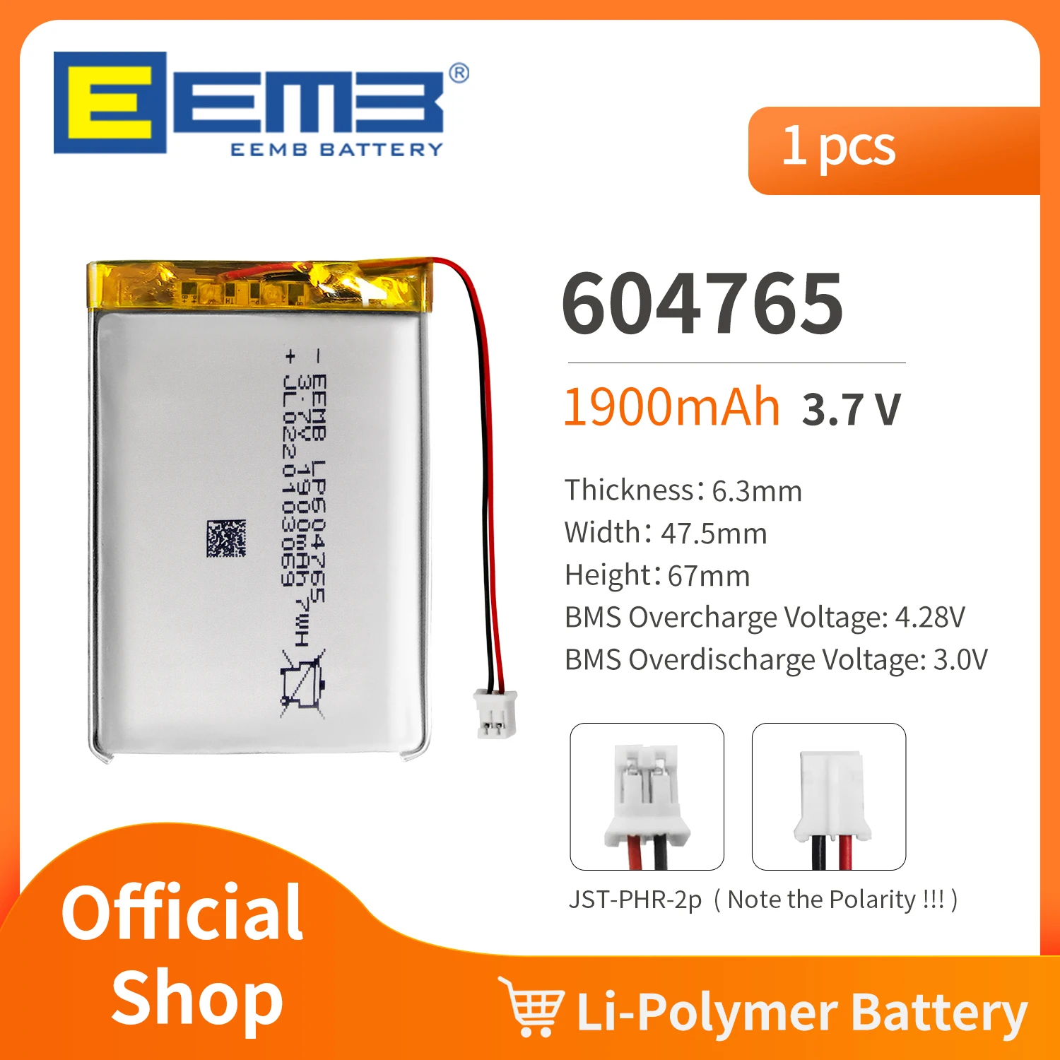 EEMB 604765 3.7V Battery 340mAh Rechargeable Lithium Polymer Battery Pack For Dashcam,Flashlight,Bluetooth Speaker, GPS,Camera