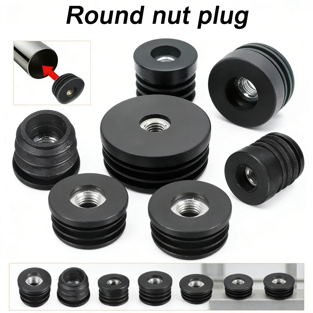 4-16pcs M6 M8 Round Plastic Pipe Plugs, Black Hole Nut Caps Adjustable Screw Foot Pads for Furniture Legs & Tube End Covers
