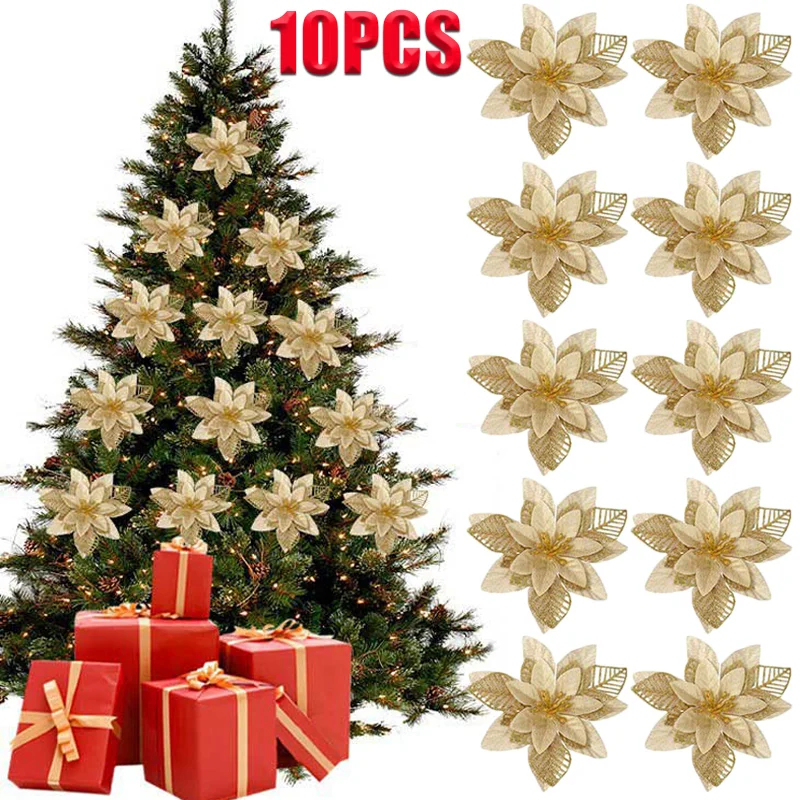 

10/5PCS Christmas Decor Artificial Flower Gold Red Xmas Tree Ornaments Big Flower Heads for Home New Year Navidad Party Decor