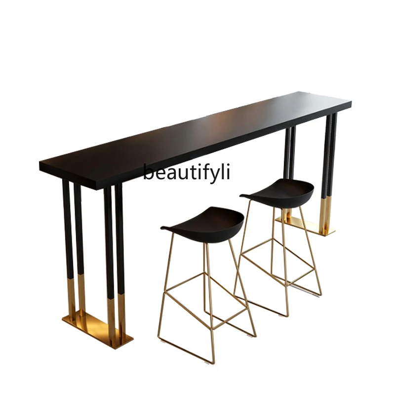 

Nordic Light Luxury Iron Solid Wood Bar Table and Chair Wall-Mounted Strip Bar Table High Leg Table and Chair Combination
