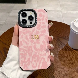 Elegant Pink Leopard Personalized Leather Phone Case with Custom Initials - iPhone 12 Pro (Pink)