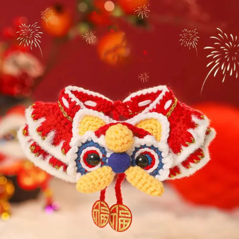Handmade Knitting Cat Tie Adjustable Pet Accessory Chinese Lion Dance Design Magical Protection Cat Fashion Accessory