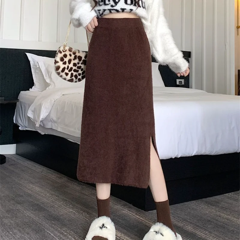 2025 Gonna lavorata a maglia invernale con spacco di media lunghezza a vita alta dolce autunno e inverno 3