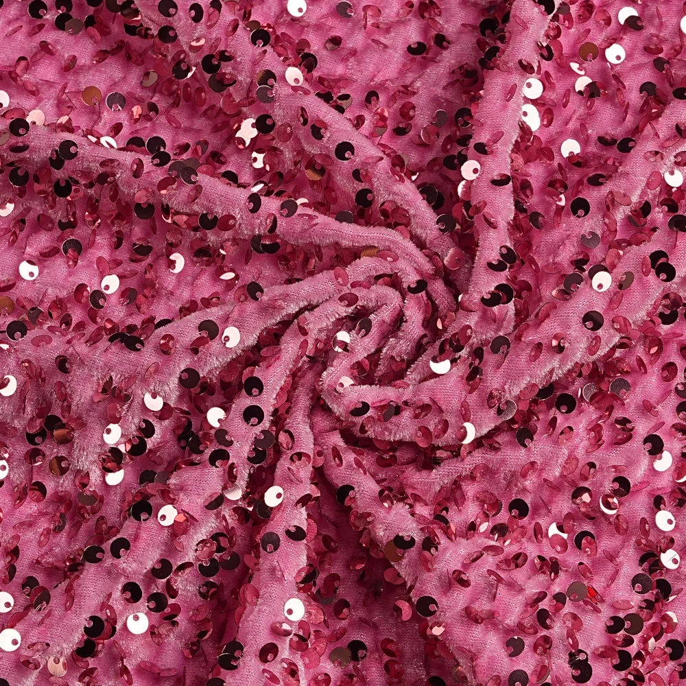 Vibrant Orange Pink Stretch Velvet Sequin Fabric for Apparel and Decor Projects