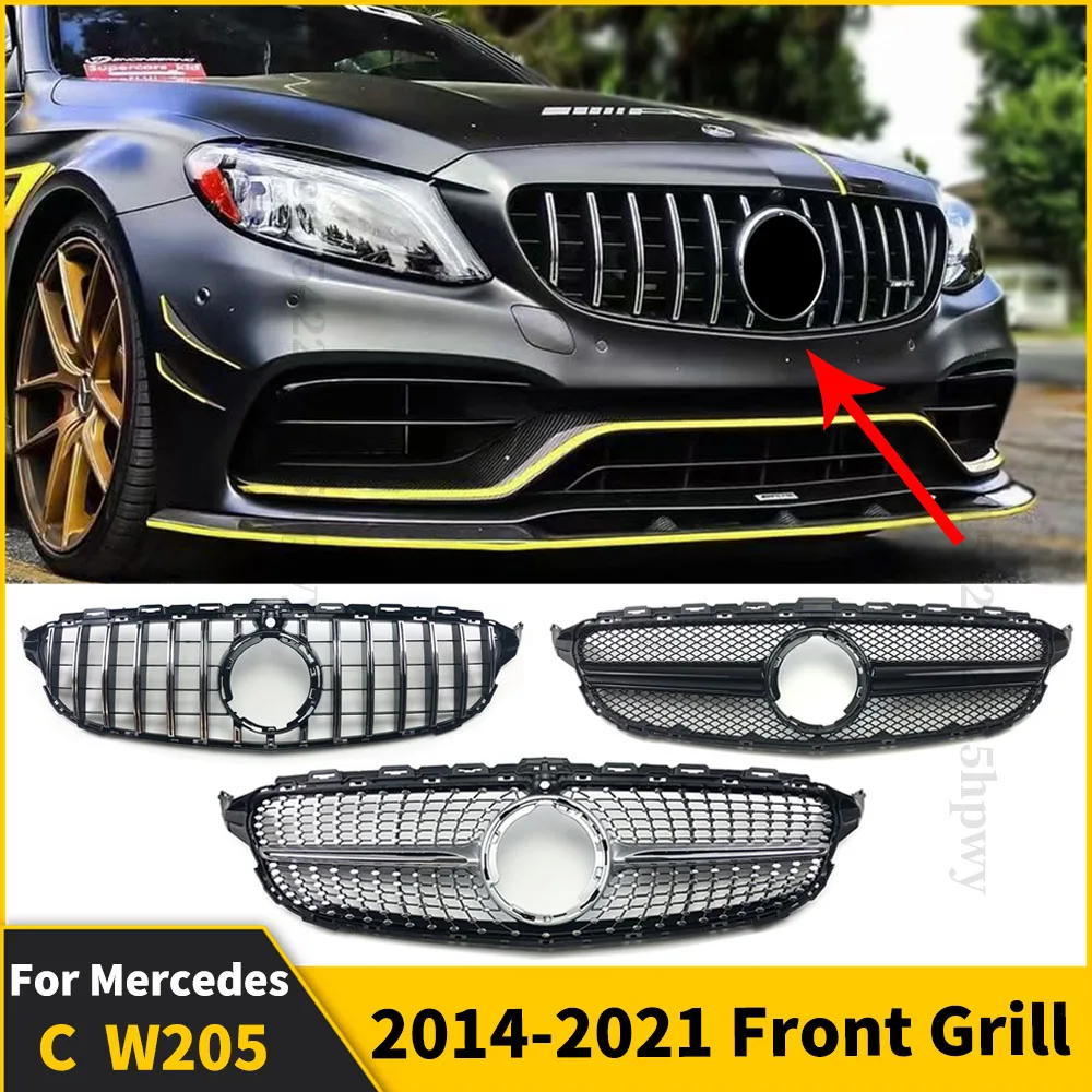 GT Diamond Front Bumper Grille For Mercedes W205 Grill C205 S205 Benz C 2014-C200 C260 C180 C250 C300 Coupe AMG Tuning