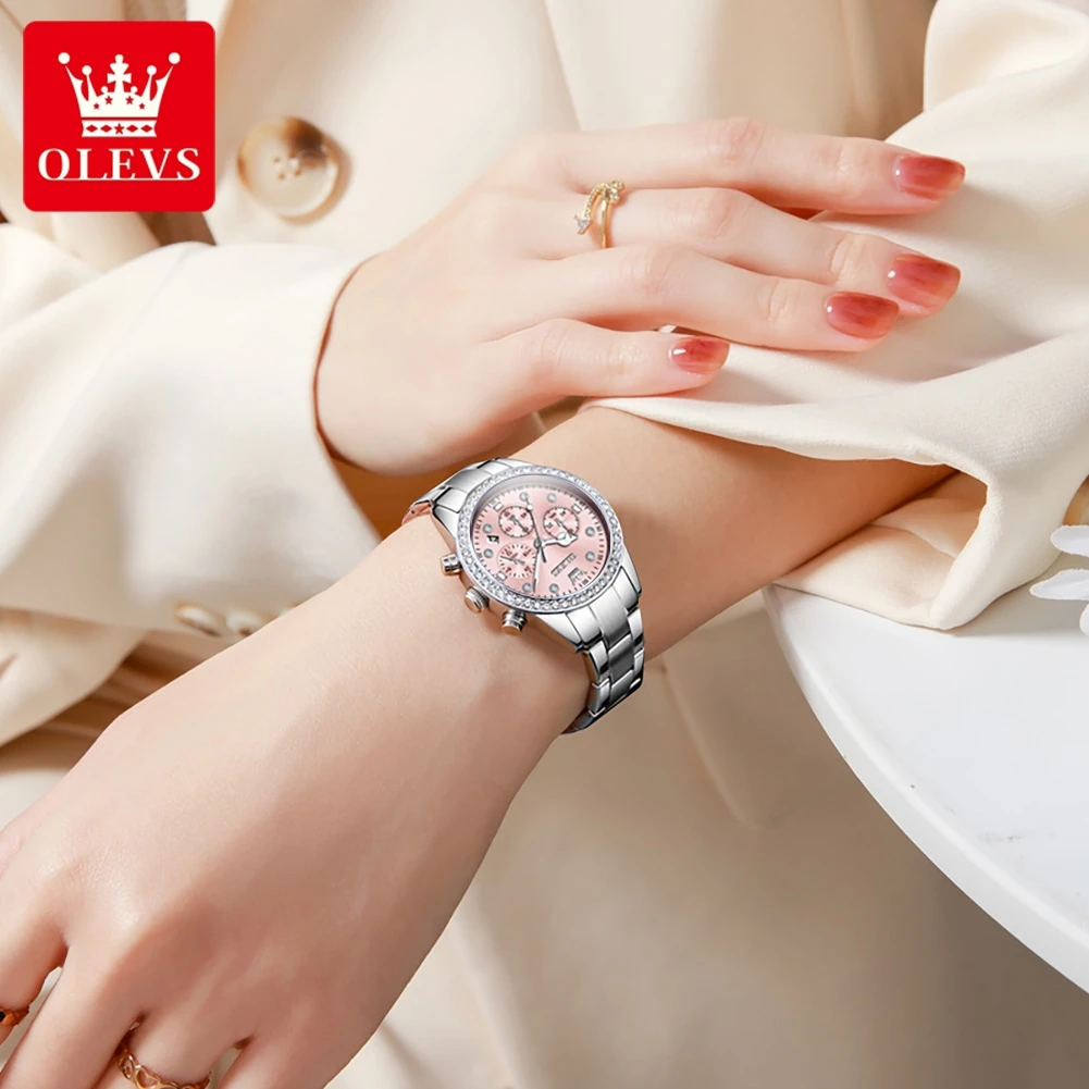OLEVS Brand Fashion Pink Quartz Watch for Women Stainless Steel Waterproof Luminous Calendar Luxury Chronograph Watches Womens