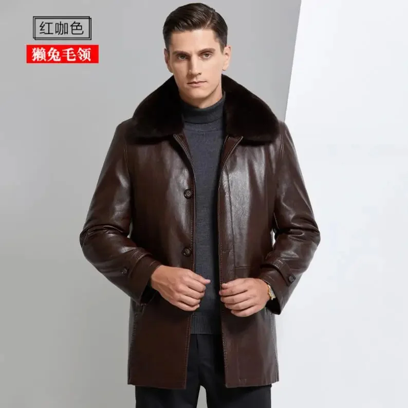 thumbnail image 1 of Chaleco interior de piel de conejo Rex dorado de invierno para hombre, abrigo Nick con cuello de zorro y visón, cuero natural, largo medio, 1 of 5