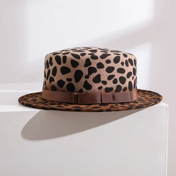 Leopard Top Hat Brown Ribbon Women Wool Flat Big Brim Autumn Winter Warm Accessory For Church Holiday Outdoors