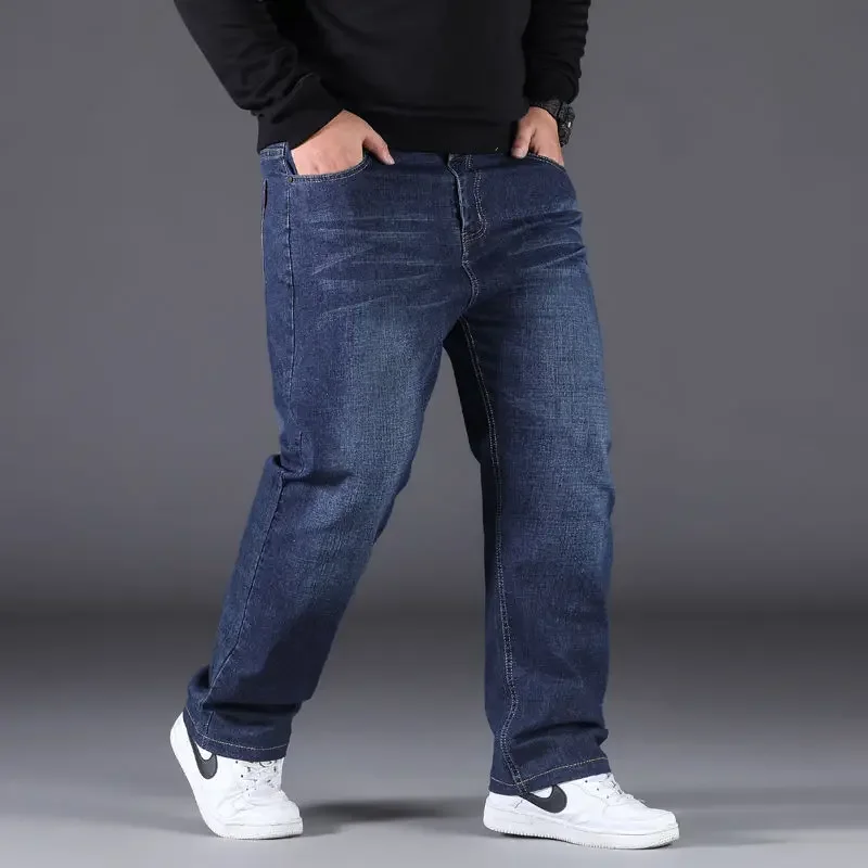 Big Size Baggy Jeans Men Autumn Winter Wool Denim Jeans Straight Pants Warm High Waist Elastic Trouser Blue Pants Men Clothing 3