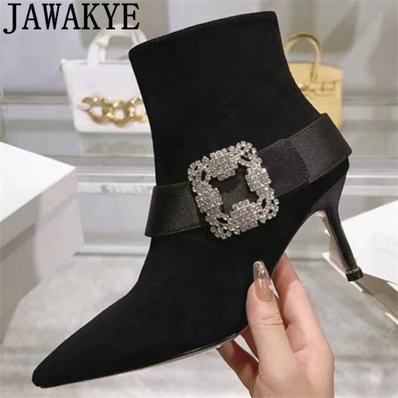 

Pointy Toe Black Suede Crystal Buckle Thin High Heel Ankle Boots Women Autumn Side Zip Short Boots Fashion Party Chelsea Boots