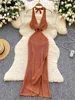 SINGREINY Summer Backless Beach Dress Women Deep V Neck Sleeveless Solid Lace Up Design Hollow Out Sexy Halter Vacation Dresses 1