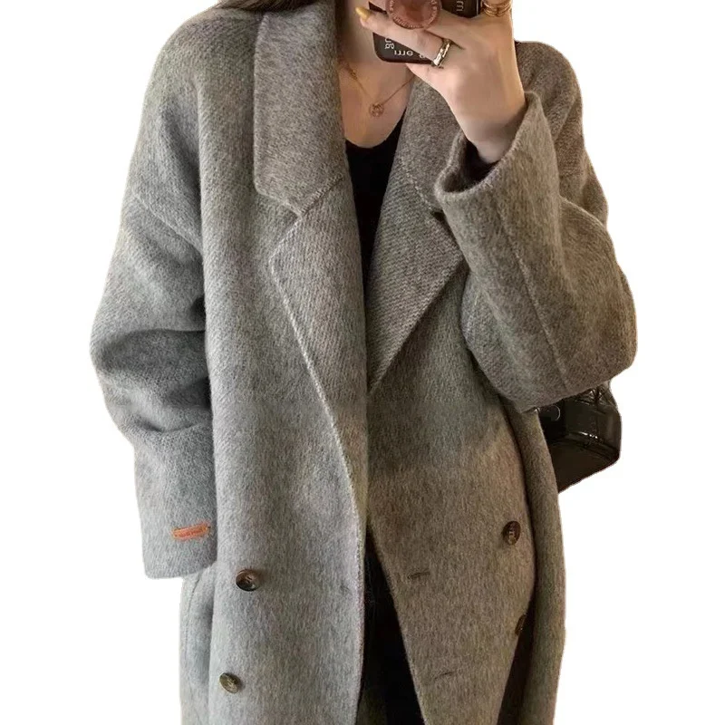 

2024 высококачественное двубортное кашемировое пальто для женщин осень-зима двубортные шерстяные куртки Длинная Верхняя одежда Кокон шерстяные пальто
