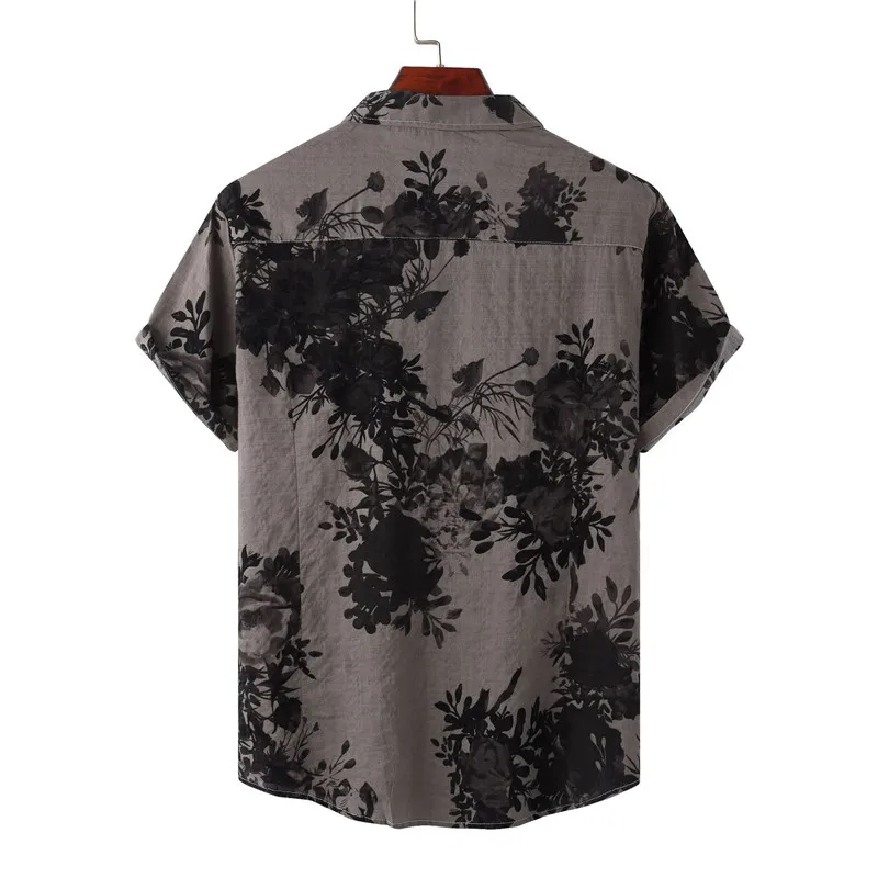 Camisa retrô floral havaiana masculina, casual marca, manga curta, camisa de praia de botões, roupa de férias diária, cinza, 2023