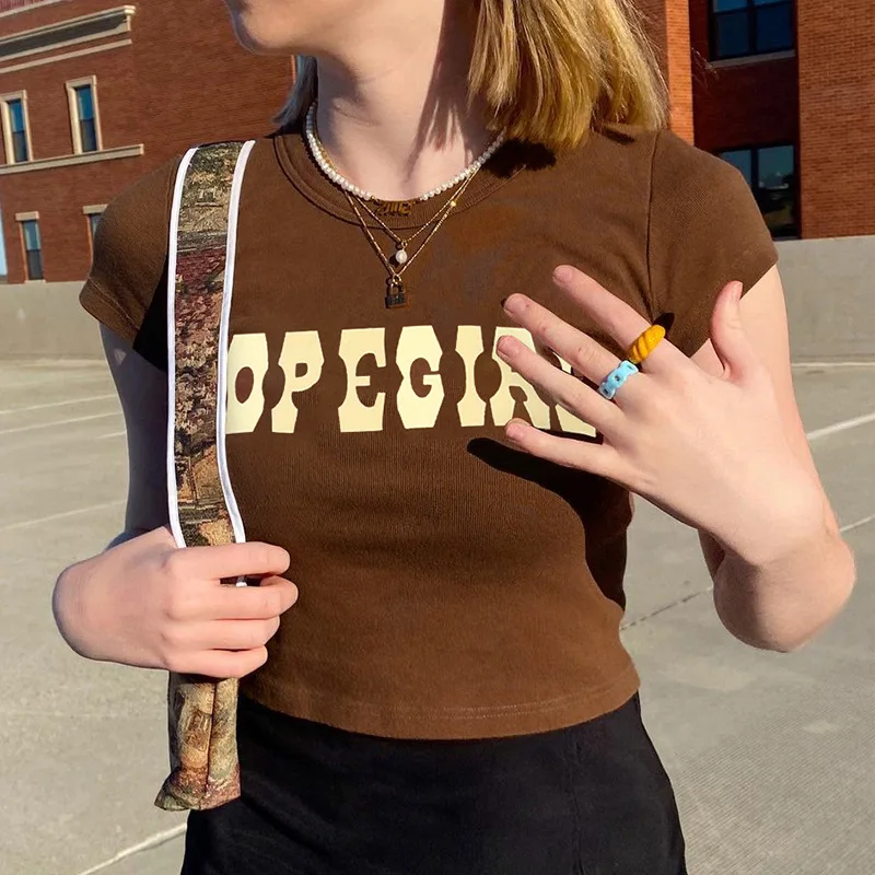 

Fashion Short Sleeve O Neck T Shirts E Girl Letter Print Crop Tops Women Vintage Hip Hop Street Wear Sexy Tees Brown Y2k Tops