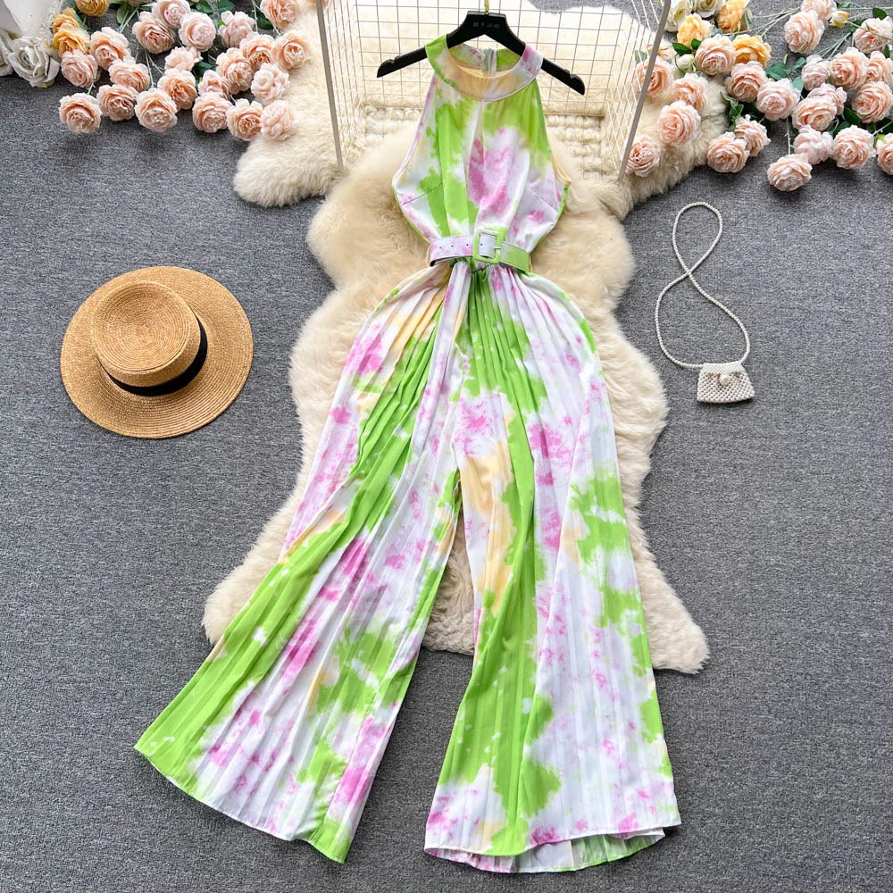 New Summer Halter Pleated Print Long Jumpsuits Women Sleeveless Boho Wide Legs Playsuits Female Chic Loose Casual Beach Rompers new summer halter pleated print long jumpsuits women sleeveless boho wide legs playsuits female chic loose casual beach rompers