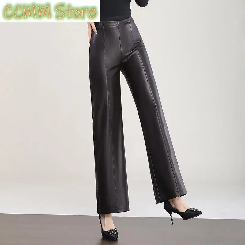 New Autumn Genuine Leather Pants Women High Waist Slimming Straight Pants Outer Wear Fleece-Lined Casual Sheepskin Long Pants