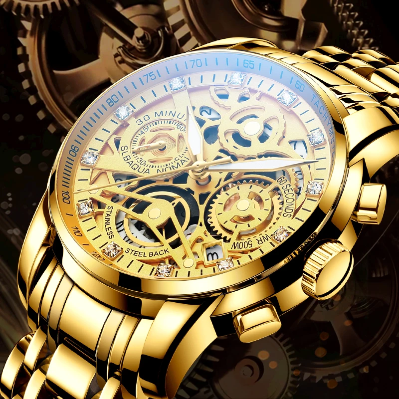 Fashion Hollow Quartz Watch Men's Luxury Stainless Steel Chronograph Male Golden Watches Luminous Clock relogio masculino hombre