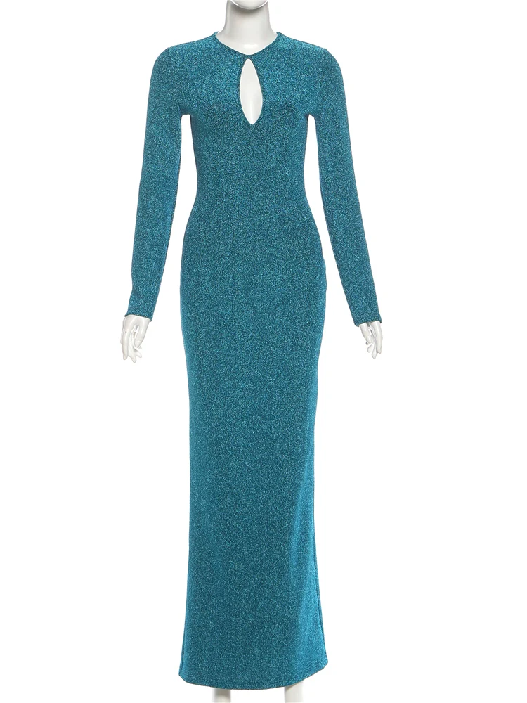 Nibber Elegant Maxi Dresses Woman  Bright Silk Autumn Style o-Neck Full Sleeve Hollow Design Robe Midnight Prom Party Vestidos