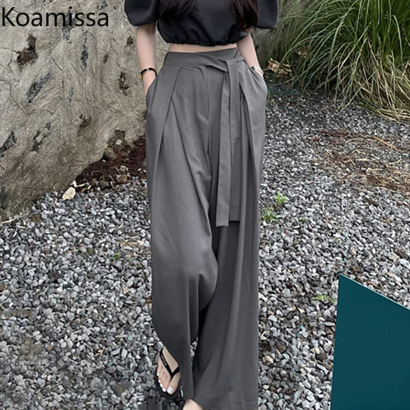 Koamissa Vinage Women Bandage High Waist Pant Solid Ruched Long Wide Leg Pant Spring Autumn Korean Trousers Dropshipping Bottom baggy pants