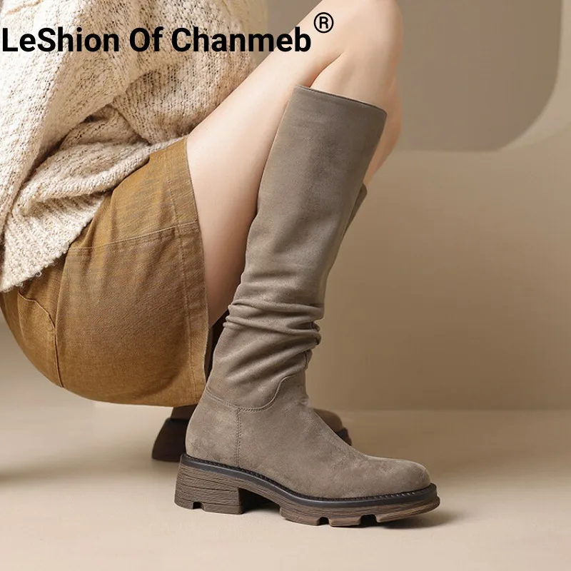 

LeShion Of Chanmeb Women Stretch Suede KneeHigh Boots Winter Chunky Heels Zipper Pleated Boots Woman Platform Gothic Shoes 34-42