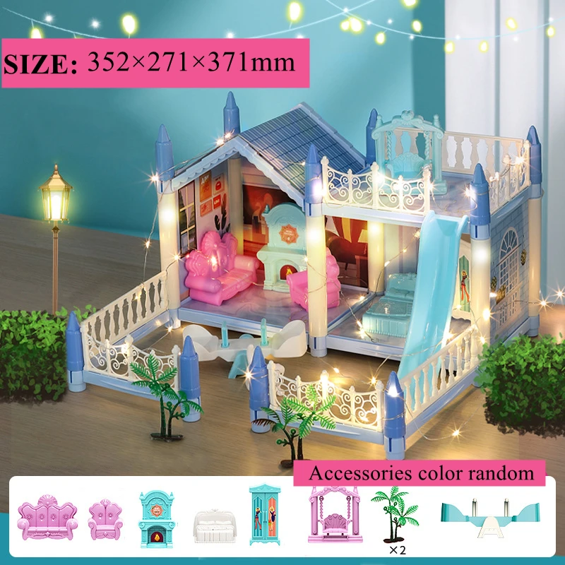 Doll House 3d Assembly Children's Crossing House Villa Princess Castle Led Light Girl Birthday Gift Toy Diy Miniature Model 4