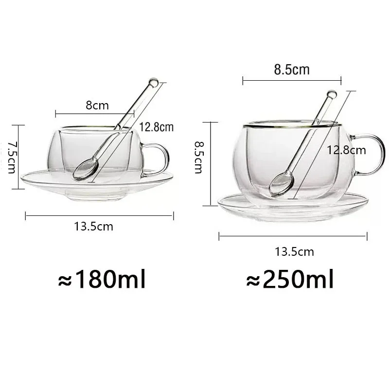 Ywdl 180/250ml Double Wall Glass Cup with Dish and Spoon Clear - Image 3