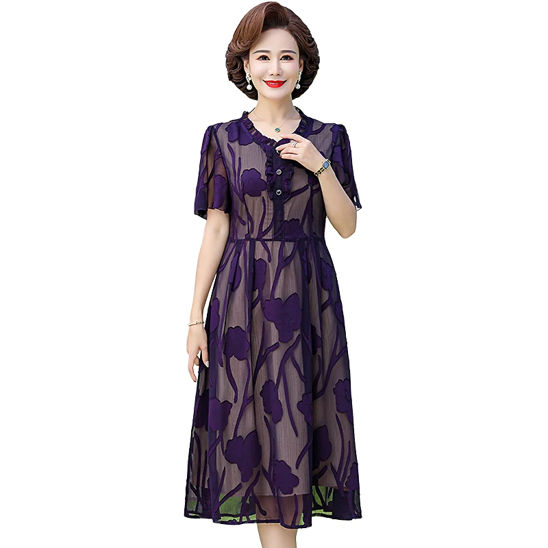 

Summer Women Casual Perspective Dress Ladies Middle-aged Short Sleeve Pleated Dresses Female Vintage Round neck lace Vestidos