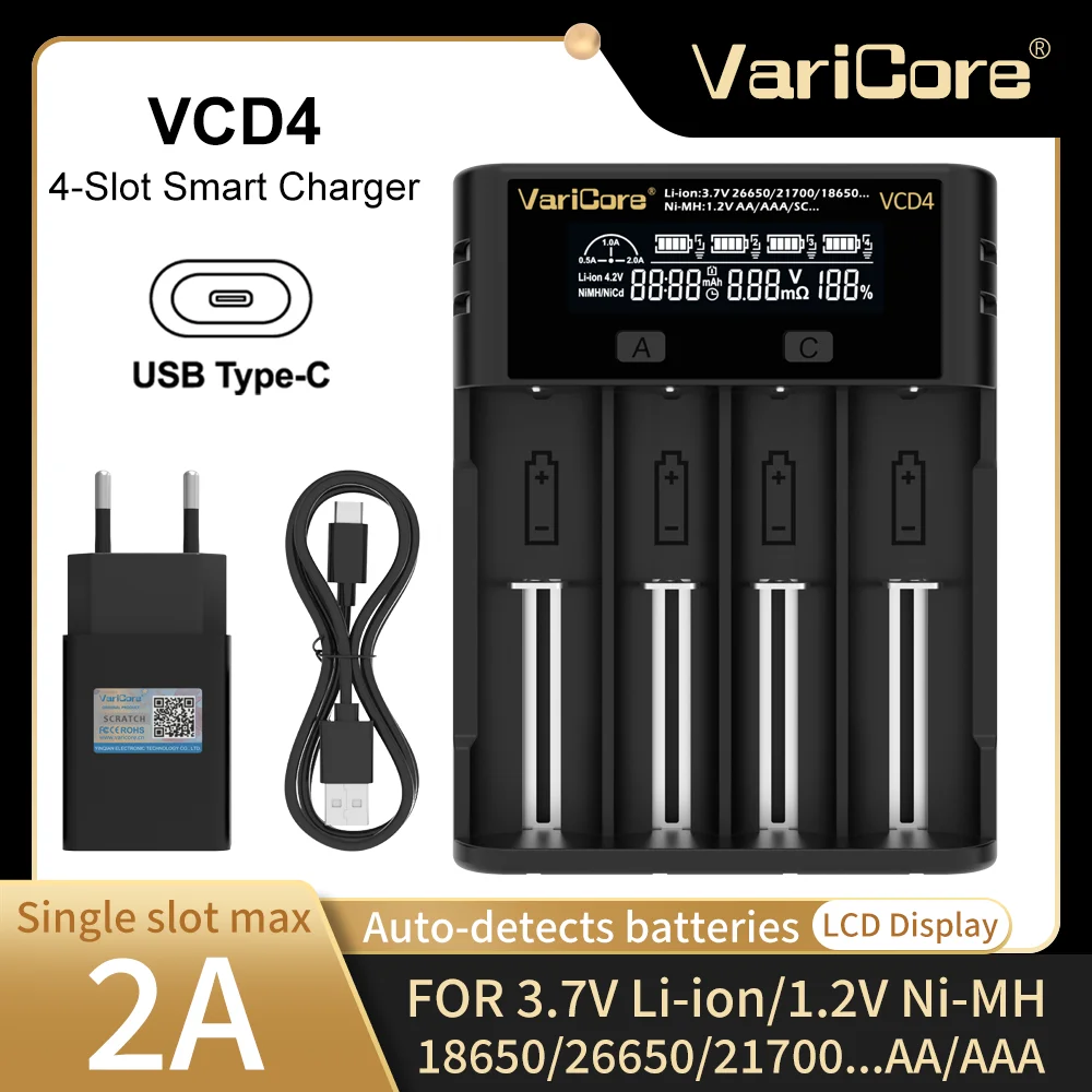 Battery Charger Varicore 18650 VCD4 for NiMH Li-ion 3.7V 1.2V 26650 26700 14500 26700 18350 21700 AA AAA
