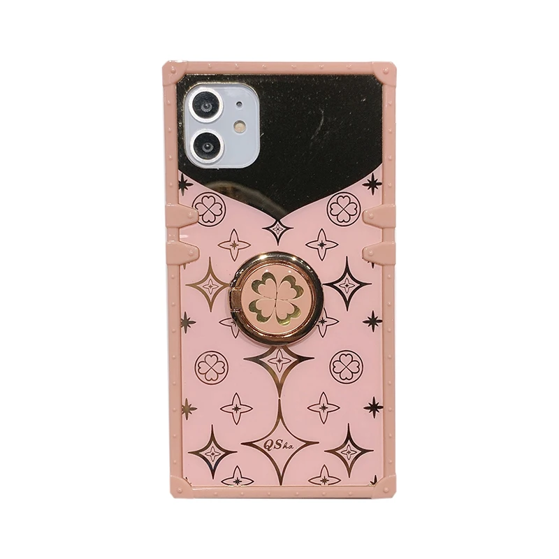 Luxury Square Cute Clover Pink Case For iPhone 12 11 Pro Max Soft Silicone Mirror Phone Cover For iPhone X XS Max XR 6S 7 8 Plus (12)