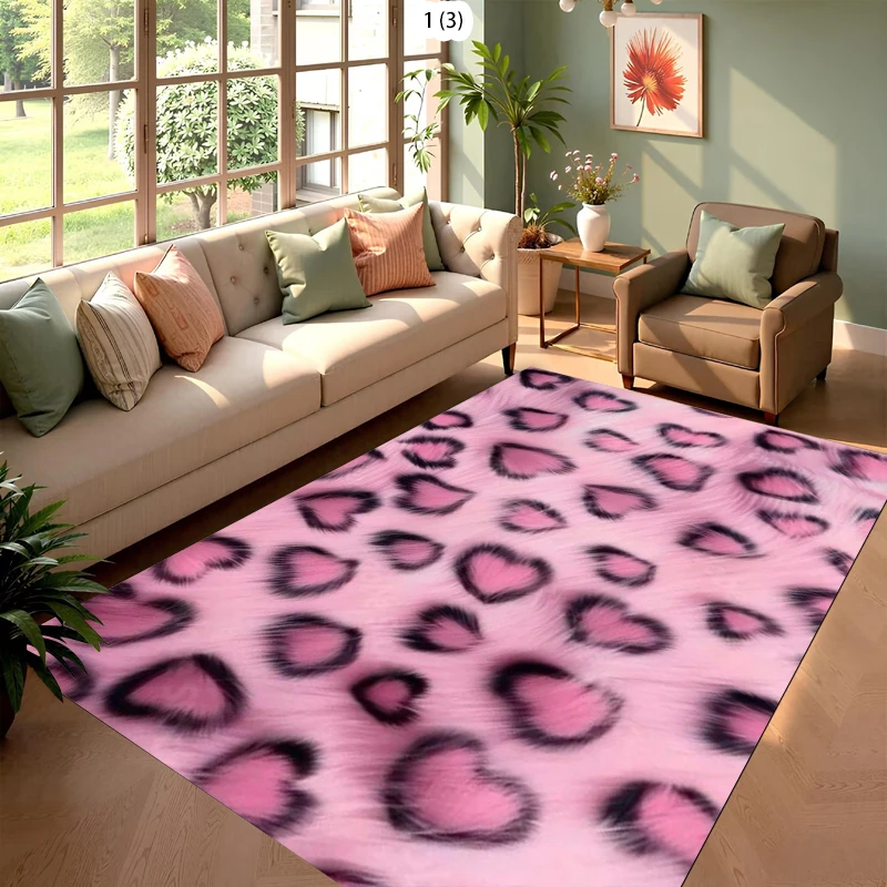 พรมลายเสือดาวสีชมพู พรมปูพื้นนุ่มกันลื่น ตกแต่งห้องนั่งเล่น พรมตกแต่งบ้านสไตล์โรแมนติกและศิลปะ ป้องกันพื้น 1