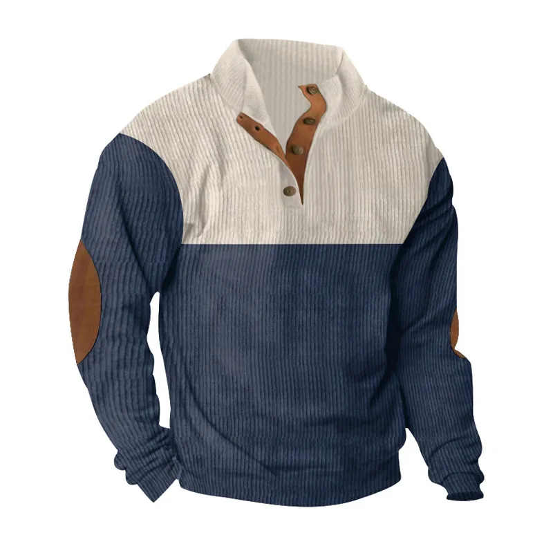 Men's Hoodies Spring And Autumn Corduroy Casual Patchwork Stand Collar Button Sports Hoodie Man Clothing