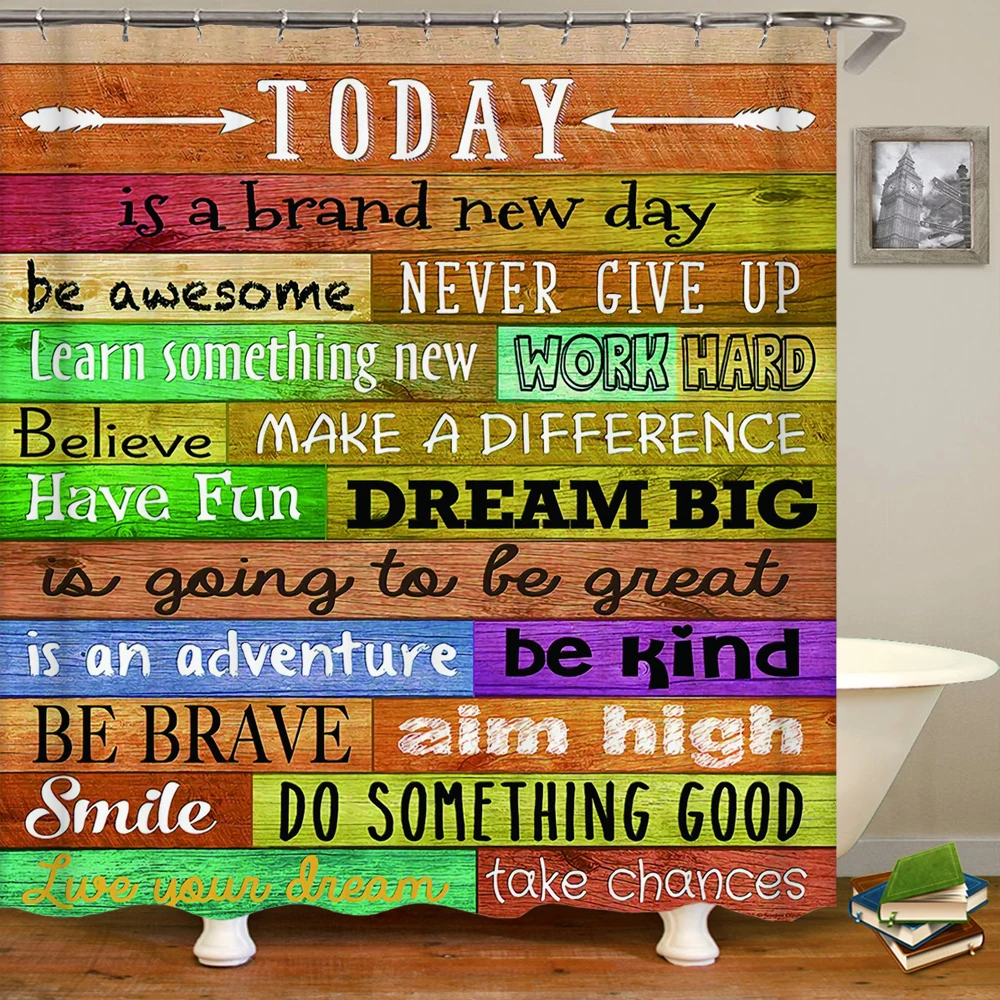 

Home Decoration Curtain Waterproof Shower Curtain 3D European Retro Old Wood Word Printed Bathroom Curtain with Hook 240x180cm