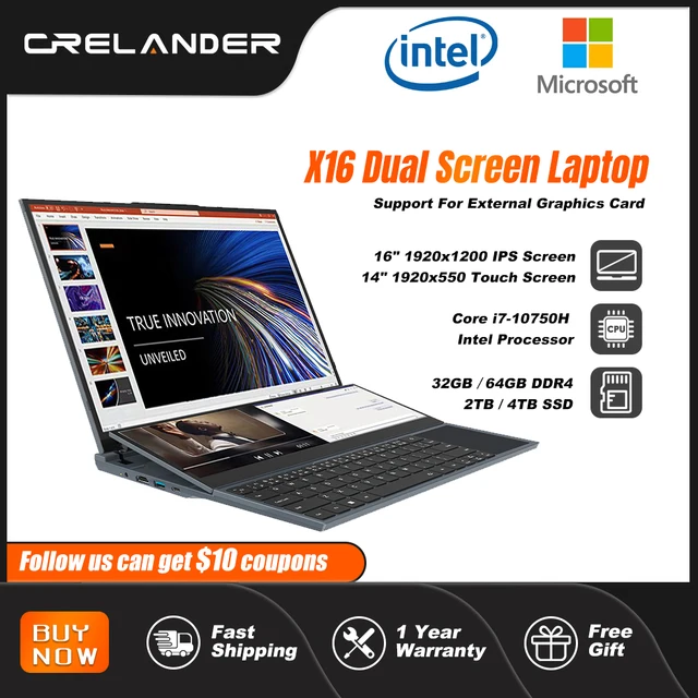 Crelander Notebooks de tela dupla 16 polegadas + 14 polegadas Touch Screen Intel Core I7 10750H Windows 11 Computador portátil PC Notebook