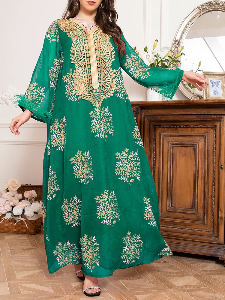 فساتين رافيا النسائية الصيفية التقليدية المتطورة المطرزة بأكمام طويلة ورقبة على شكل حرف v ماكسي على شكل حرف a فساتين طويلة غير رسمية