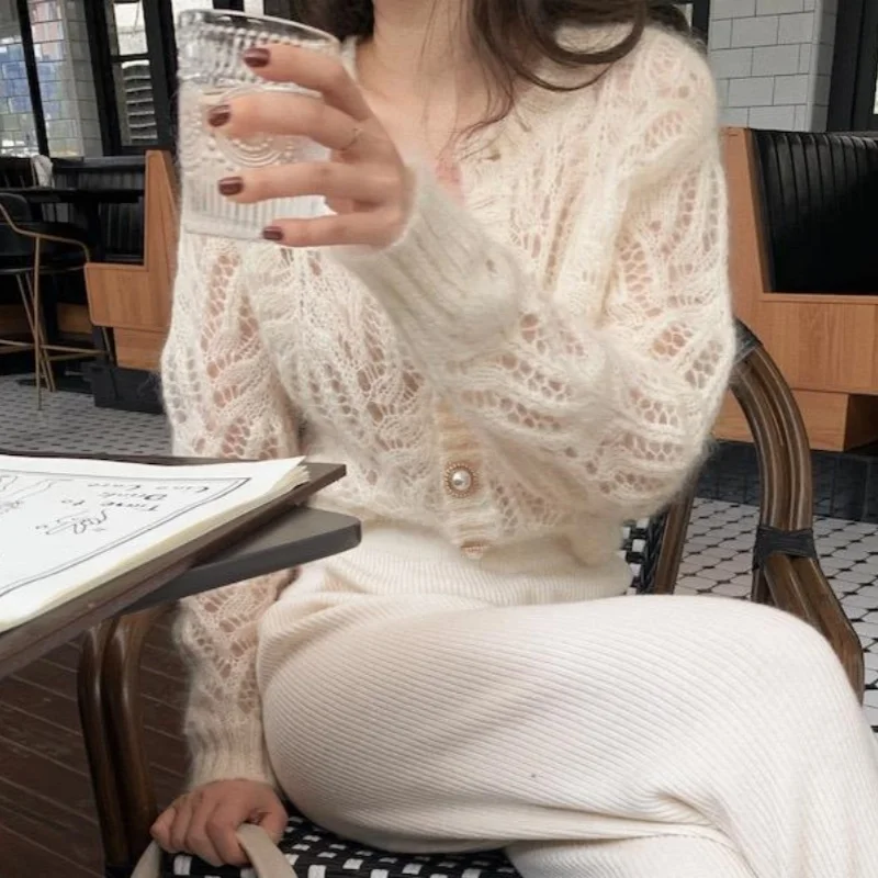 Autumn Vintage Elegant Female Cardigan Sweaters Winter Long Sleeve Women Fashion Hollow Out Elegant Knitted Tops