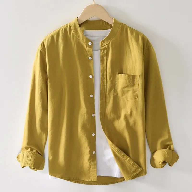 

Vintage Mens Cotton Linen Shirts Mandarin Collar Button Down Shirts Long Sleeve Daily Work Casual Breathable Blouses Streetwear