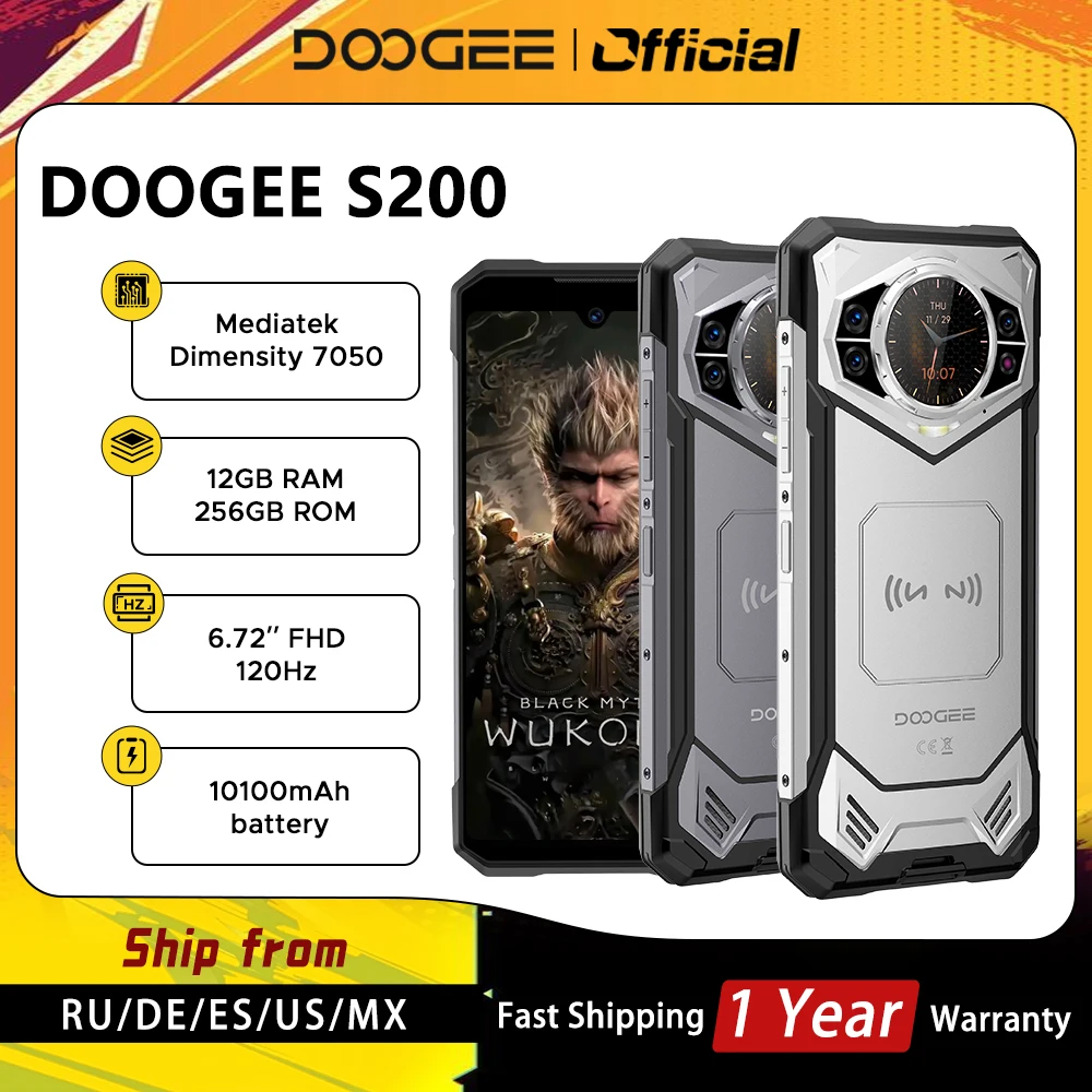 DOOGEE S200 5G Rugged Phone 6.72" Dimensity 7050 12GB RAM 256GB ROM 100MP AI Main Camera 10100mAh Battery NFC Smartphone