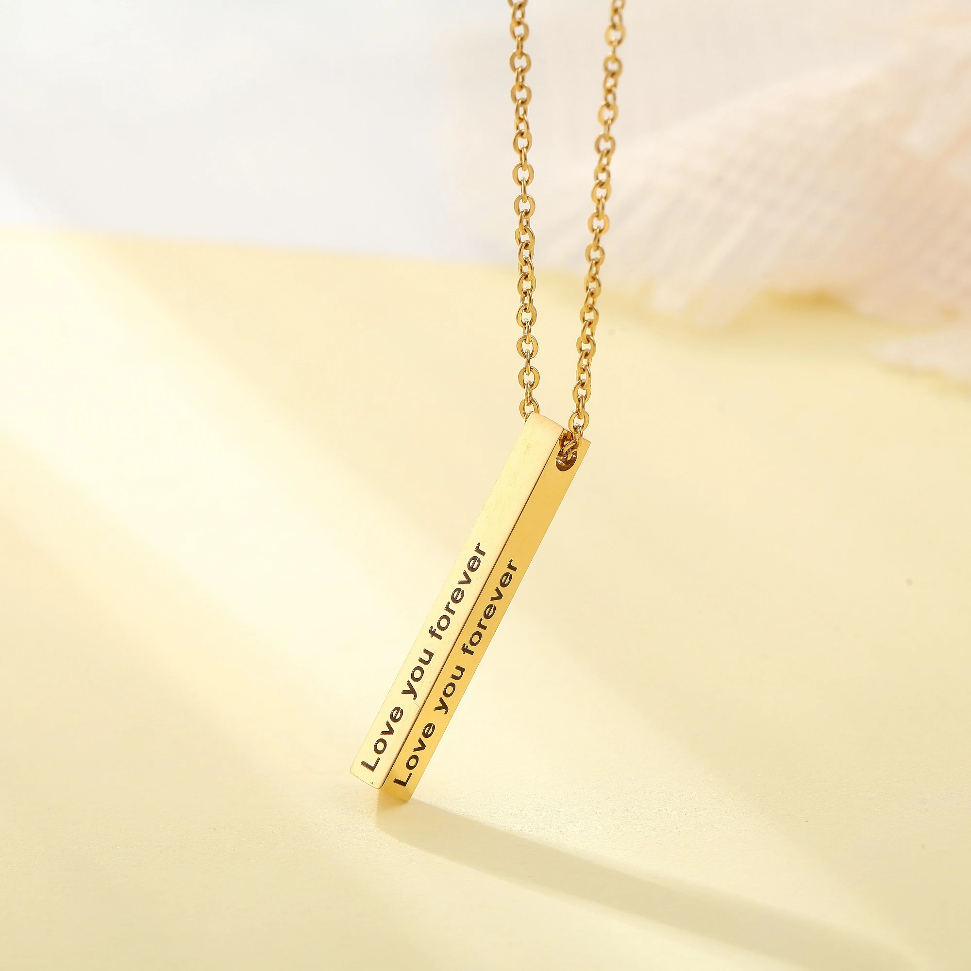 Customized Engraved Four Sides Name Necklace Square Bar Names Pendant Stainless Steel Necklace For Women Party Men Gift