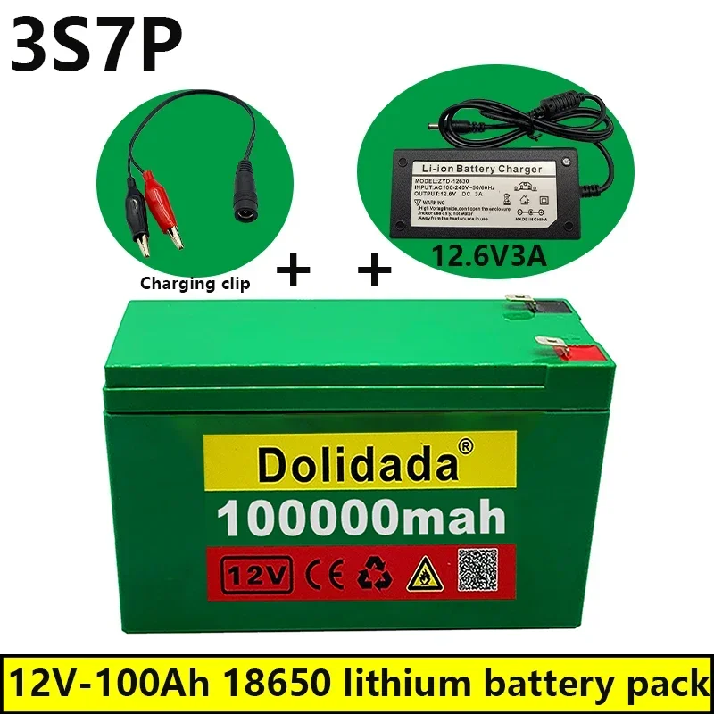 

New 12V 100000mAh 3S7P 18650 Lithium Battery Pack+12.6V 3A Charger, Built-in 100Ah High Current BMS, 100ah 12v