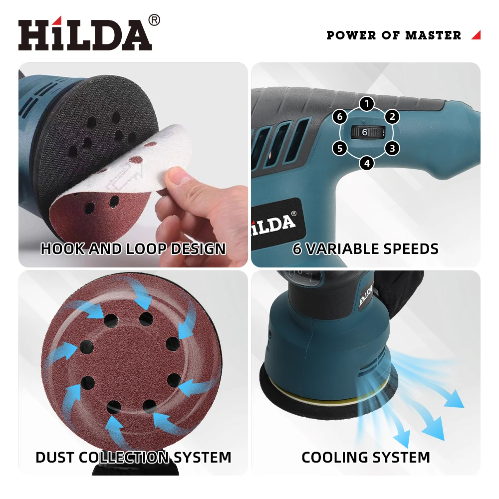 HILDA 300W Electric Eccentric Sander Car Polishing 13000RPM 6 Variable Speed Adjustment 5 Inch for Woodworking/Sanding