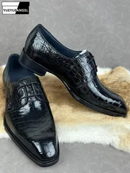 British Style Mens Crocodile Leather Lace-Up Dress Shoes Solid Color Genuine Leather Pointed Toe Hard Wearing Derby Footwear