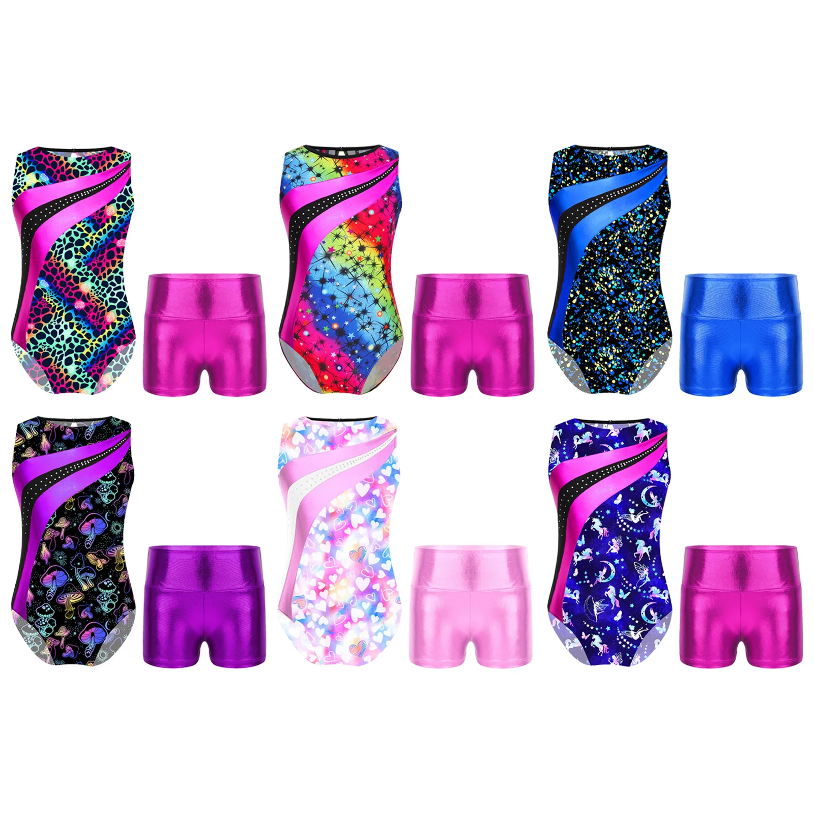 Children Dancing Skating Jumpsuit Kids Girls Sleeveless Print Rhythmic Gymnastics Bodysuit with Shorts Yoga Ballet Dance Leotard